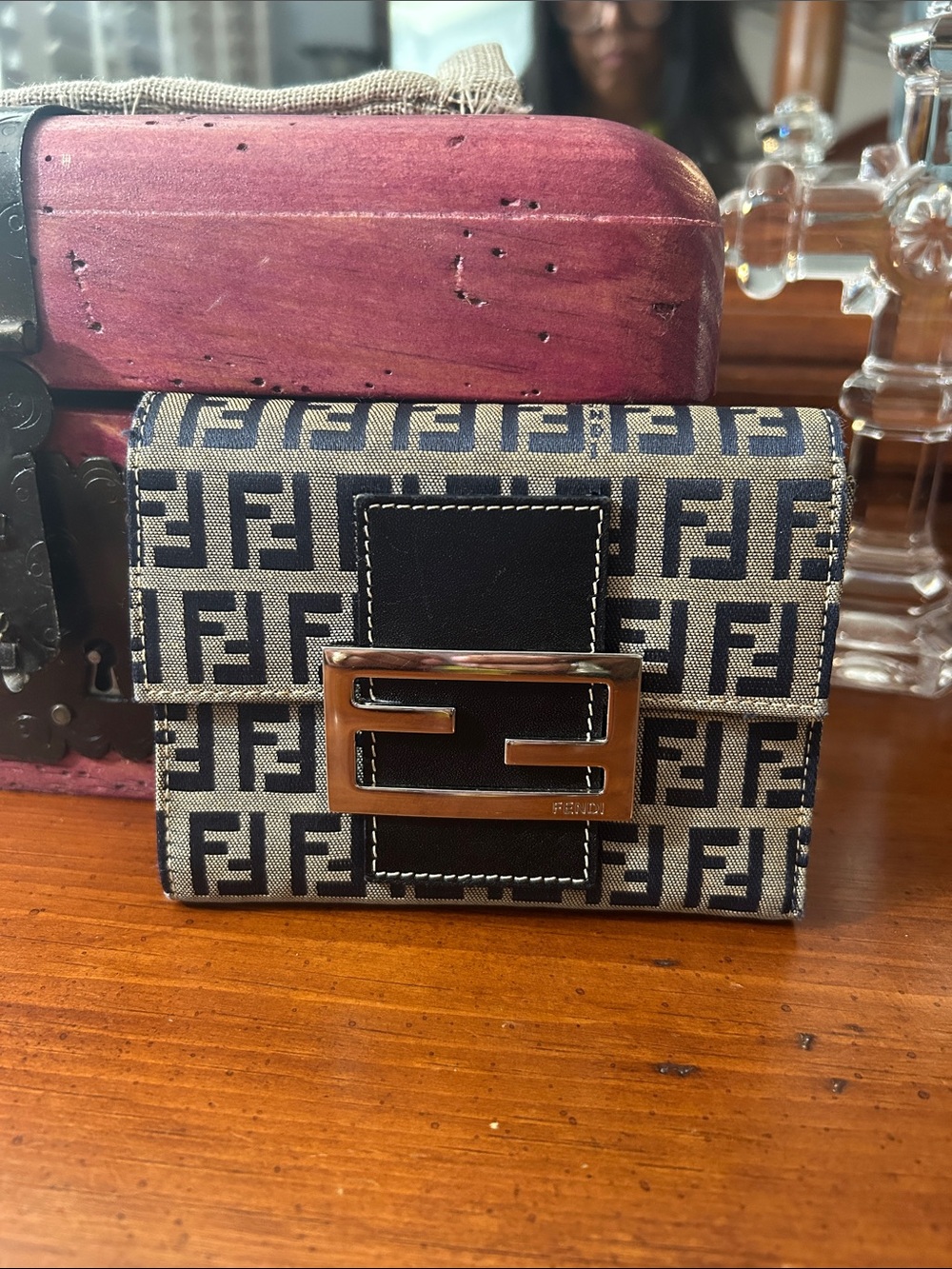 Fendi Zucca FF Logo Compact Wallet with Silver Buckle